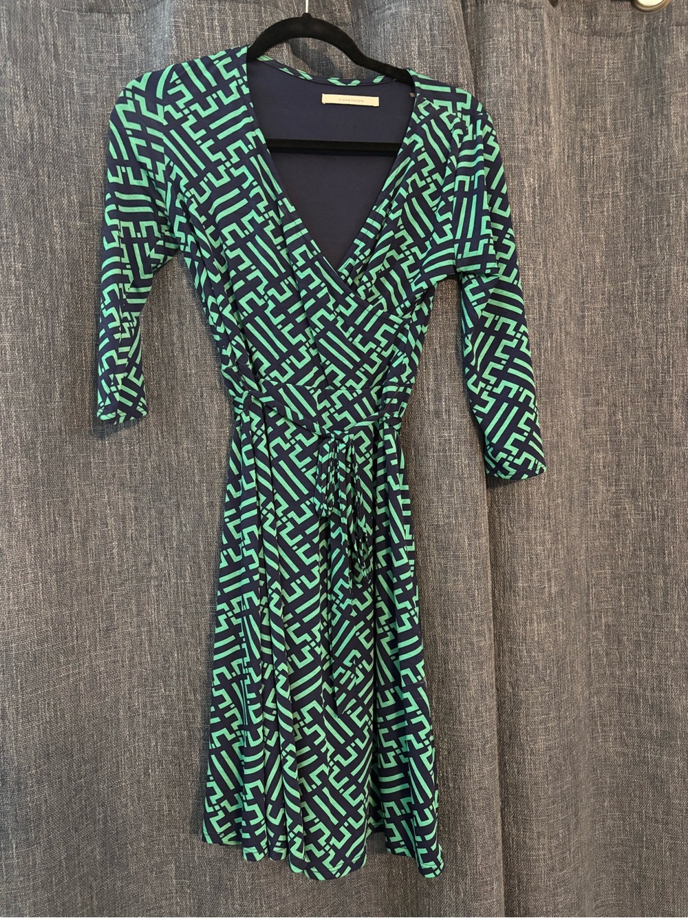 41 Hawthorn Navy and Teal Wrap Dress - Geometric Print